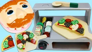 Feeding Mr. Play Doh Head from Wooden Pizza Oven Counter Playset!