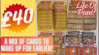 £40 of scratch cards. A mix of £5, £3 and £2 scratch cards from the Lottery, looking for a big win!