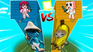 TORRE de SMURF CAT vs TORRE de BANANA CAT😱😭 TORRE DE BEBE NOOB VS TORRE DE BEBE NOOBSI en MINECRAFT