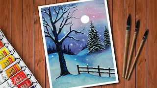 Snowy Winter | Easy Winter Snowfall Painting Tutorial for Beginners | Watercolor Landscape painting