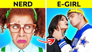 POOR NERD VS POPULAR E-GIRL | Valentine's Date with E-BOY Crush! Beauty Makeover by 123GO! CHALLENGE