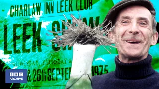 1975: COMPETITIVE LEEK GROWING scene in Durham | Nationwide | Weird and Wonderful | BBC Archive