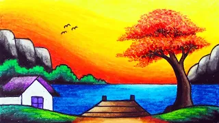 Scenery Drawing | How to Draw Easy Nature Scenery of Sunset in Spring