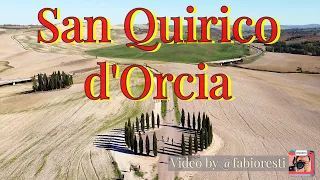 San Quirico d'Orcia. I Cipressi, il paese e la cappella della Madonna di Vitaleta visti dal drone