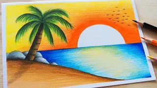 วาดรูปธรรมชาติ ทะเลสวยๆง่ายๆสีไม้  |Easy Scenery | Easy Sunset scenery Drawing