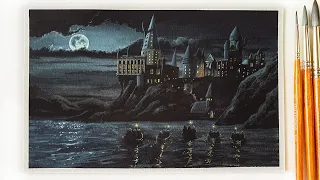 How to Paint a Night Landscape ｜ Poster Color Painting ｜ Hogwarts Castle(Harry Potter)