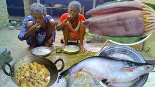 in rain session how to cook india poor family | PANGASH FISH curry with BANANA FLOWER | village life