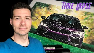 Drawing a purple BMW M8 Competition with background (time lapse video)