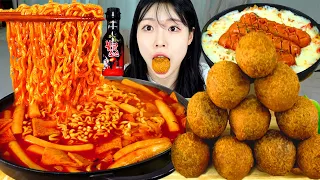 ASMR MUKBANG| 직접 만든 불닭 떡볶이 치즈볼 소세지 먹방 & 레시피 CHEESE BALL AND Tteokbokki EATING