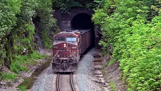Line Up of Trains Ahead! CP Freight Trains Thru Tunnel Alongside The Beautiful Fraser Canyon!
