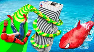 GTA 5 Water Slides | Spider-Shark vs SPIDERMAN Jumps/Fails (Ragdolls & Funny Moments) #3