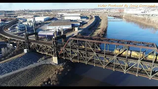 Railfanning Santa Fe Junction in KC.  UP going over the Kansas River Drone Video