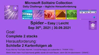 Spider - Easy | Sep 30, 2021 | Daily Solitaire Collection | Goal: Complete 2 stacks