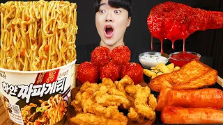 ASMR MUKBANG | Fried Chicken, steak, black bean noodles, kimchi Korean Food recipe ! eating