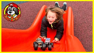 MONSTER TRUCKS PLAY AT THE PARK 🛝 GODZILLA GOES ON A DATE (STABILIZER HELPS HIM FIND WONDER WOMAN)