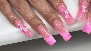 French 3d Line Airbrush Flower Charm Acrylic Nails