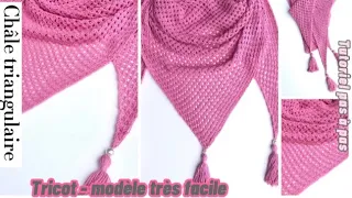 Châle triangulaire moderne aux pompons à franges▫️Tricot très facile▫️Knitted shawl▫️Très tendance