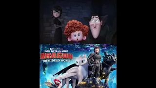 Drac, Mavis, and Dennis are watching How to Train Your Dragon: The Hidden World