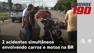 Dois acidentes simultâneos envolvendo carros e motos na BR deixam feridos e trânsito lento