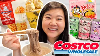 Trying NEW ASIAN FOOD at COSTCO Part 2! (korean corndogs, hello kitty boba, samyang ramen + more)