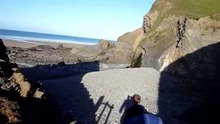 Walking down to surf Sandymouth, Cornwall