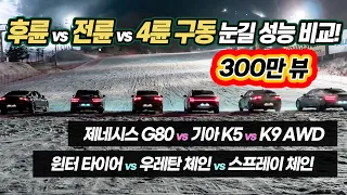 전륜, 후륜, 4륜구동 성능 차이 없었다? … 스프레이 체인 vs 우레탄 체인 vs 윈터 타이어 비교 / 오토뷰 실험실