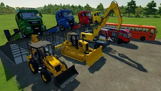 TRANSPORTING TRUCKS, FIRETRUCK, EXCAVATORS TO GARAGE WITH MAN TRUCK - FS22