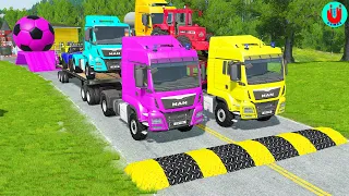 Double Flatbed Trailer Truck vs Speedbumps Train vs Cars | Tractor vs Train Beamng.Drive 030