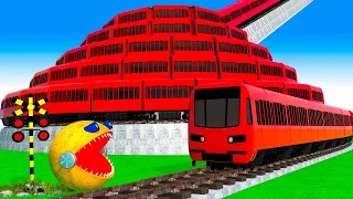 【踏切アニメ】非常に長い新幹線が曲がりくねったらせん状に走り Ms PACMAN Vs Train Climbing Pyramid - Railroad Crossing Animation#1