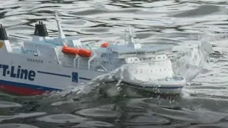 Model RC ferry ship Nils Dacke in waves