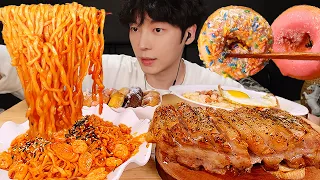 ASMR MUKBANG | 직접 만든 불닭볶음면 & 대왕 통 삼겹살 & 스팸 볶음밥 & 디저트 먹방 & 레시피 FIRE NOODLES EATING