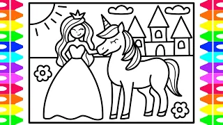 How to Draw a Princess and Unicorn for Kids 👑🦄💜💚💛💗 Mermaid and Unicorn Drawing and Coloring Pages