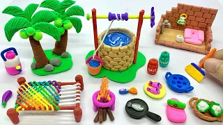 DIY How To Make Polymer Clay Miniature House, Kitchen set, Water Well, Washroom, Tree, Charpai