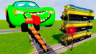 Big & Small Lighting Mcqueen and Zobmie Lighting Mcqueens vs trains and speed bumps - BeamNG.Drive