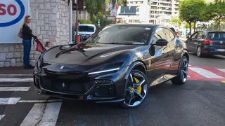 Supercars in Monaco 2023 + first customer Ferrari Purosangue V12!!