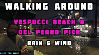 GTA V - A Relaxing Walk Around Vespucci beach & Del Perro Pier - Light Rain & Wind Sounds For Sleep.