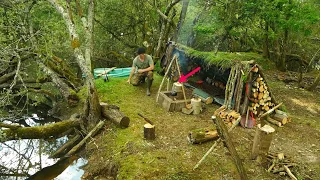 3 Days Solo Overnight Bushcraft Building a complete Shelter on a Pond(full video)