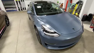 Tesla model 3 wrapped in 3M 2080 Series Satin Thundercloud