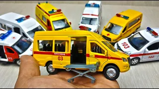 Ambulance cars model Technopark unpacking and review. About cars. ENG.SUB.