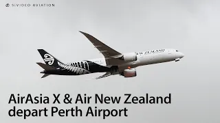 AirAsia X (9M-XXV) and Air New Zealand (ZK-NZK) depart Perth Airport on RW21.