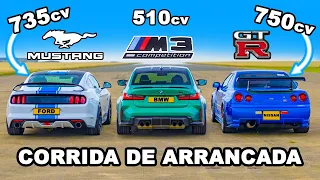 Nissan Skyline R34 GT-R de 750 cavalos vs Mustang de 735 cavalos vs BMW M3: CORRIDA DE ARRANCADA