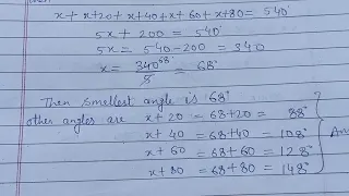 The angles of a pentagon are x°, (x+20)°, (x+40)°, (x+60)°, (x+80)°. Find the angles of the pentagon