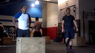 10 Power Cleans (95lbs) 10 box jumps 10 over bar burpees AMRAP!