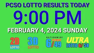 9pm Lotto Result Today February 4, 2024 Sunday ez2 swertres 2d 3d pcso