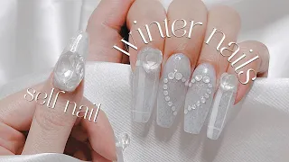 투명한 스와로브스키로 장식한 겨울네일 ☃️🌨️〰️🤍⌇셀프네일️⌇Self nail️⌇Winter nails⌇nail ASMR