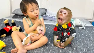 Diem hugs monkey Kaka and monkey Mit while sleeping look so cute