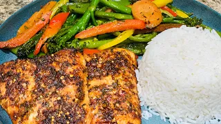 healthy baked salmon fish with stir fri vegetables and rice | super yummy and delish#viral #food