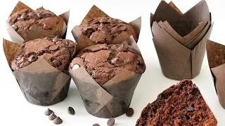 Bakery Style Jumbo Double Chocolate Chip Muffins - eat warm or cold extra chocolatey soft crumb