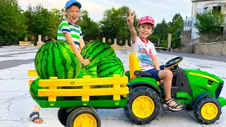 Damian and darius Rides on Tractor gathering Watermelon from the field