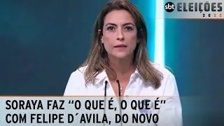 Soraya faz brincadeira de "O que é o que é" com Felipe D'Avila, do Novo | Debate presidentes 2022